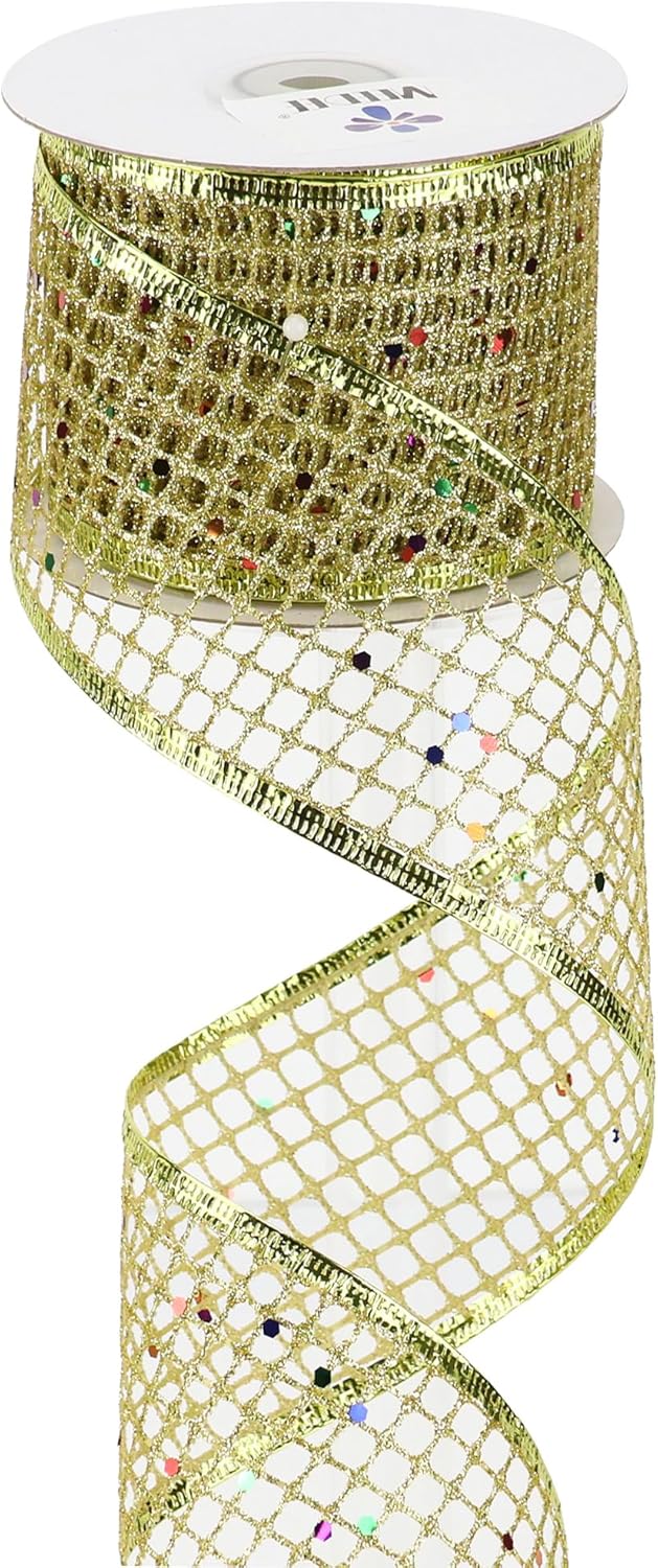 MEEDEE Gold Glitter Ribbon Gold Christmas Ribbon 2.5 Inch Square Mesh Net Wired Ribbon with Rainbow Sparkle Gold Wired Ribbon Gold Ribbon for Christmas Tree Decoration, Wreath Bow Making (10 Yards)