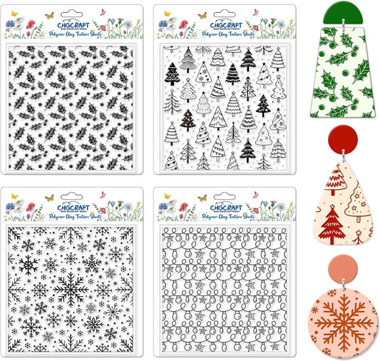 CHGCRAFT 4 Pcs Christmas Elements Polymer Clay Texture Sheets Snowflakes Silicone Texture Stamp Pine Trees Clay Texture Mat Modeling Pattern Pad Sheets for Jewelry and Earrings Tools, 5.5x5.5 inch