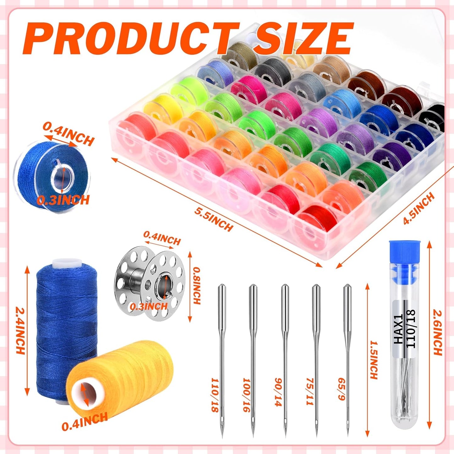 125 Pcs Sewing Thread Kit, 36 Assorted Colors Machine Threads with Spools, 400 Yards Prewound Bobbins Set with 50 Machine Needles (70/9, 75/11, 90/14, 100/16 110/18) for Universal Sewing Machines Use