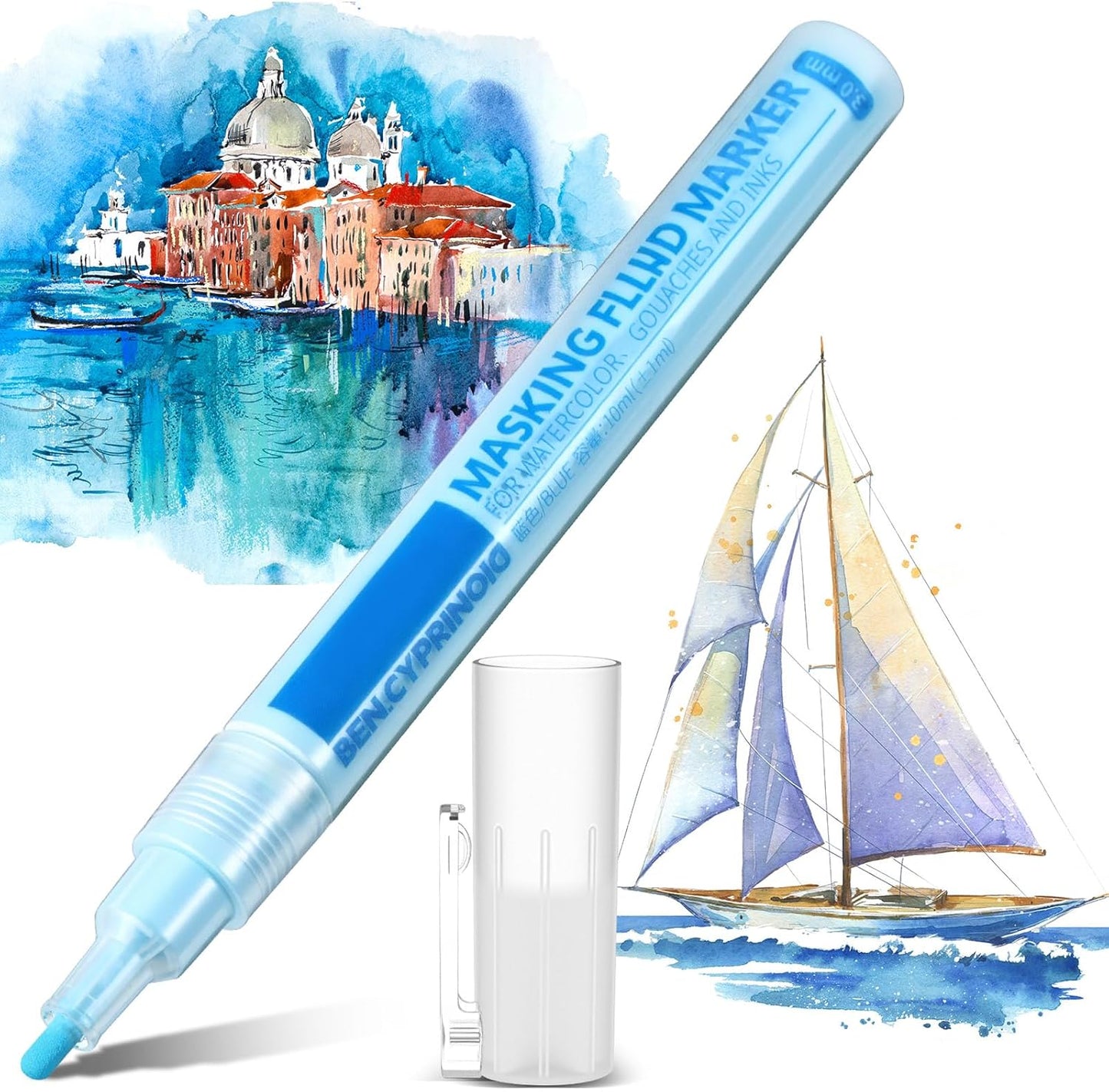 2 Pcs Masking Fluid Pen for Watercolor Painting, Capacity with Applicator Tip, Masking Fluid Marker for Various Art Projects Watercolor Ink(Blue,3mm)