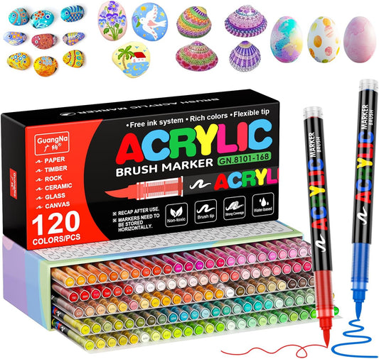 DICEKOO 120 Colors Acrylic Paint Markers, Soft Brush Tip Pens with Automatic Ink Control System, Waterproof, Quick-Drying, Lightfast, for Rock Painting, Canvas, Wood, Egg & DIY Crafts Art Supplies