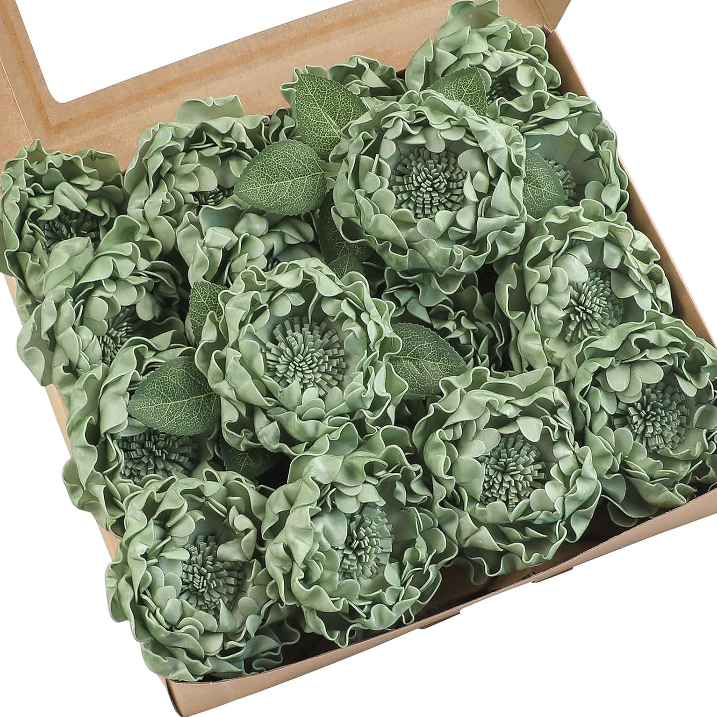 Floroom Artificial Flowers 16pcs 4" Elf Green Blooming Peonies Real Looking Foam Fake Peony with Stems for DIY Wedding Bouquets Sage Green Bridal Shower Centerpiece Floral Arrangement Table Decoration