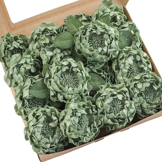 Floroom Artificial Flowers 16pcs 4" Elf Green Blooming Peonies Real Looking Foam Fake Peony with Stems for DIY Wedding Bouquets Sage Green Bridal Shower Centerpiece Floral Arrangement Table Decoration