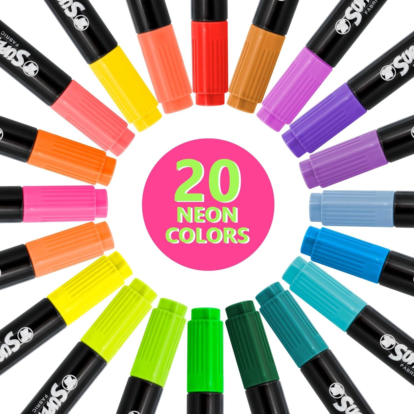 Super Markers 20 Unique Neon Colors Dual Tip Fabric & T-Shirt Marker Set - Double-Ended Fabric Markers with Chisel Point and Fine Point Tips - Ultra-Bright, Vibrant Bold Permanent Ink Colors, Clothing