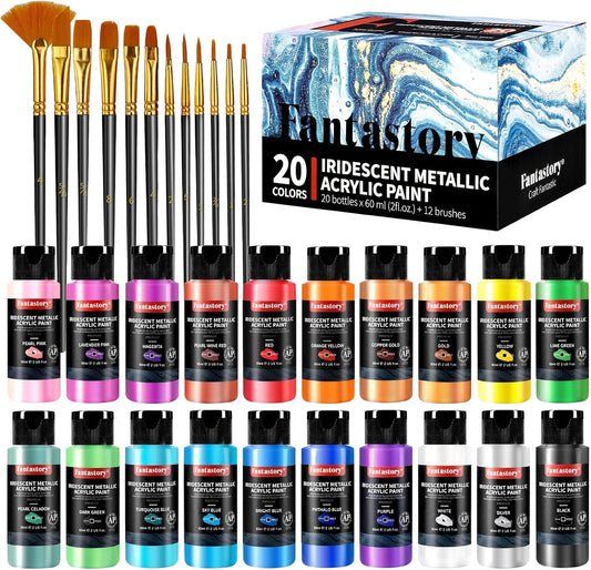 Fantastory Metallic Iridescent Acrylic Paint Set with 12 Brushes, 20 x 2oz Metallic Colors, Color-Shifting, Craft Paint Kit, Metal/Canvas/Rock/Stone/Ceramic/Model/Wood Painting [Professional Series]