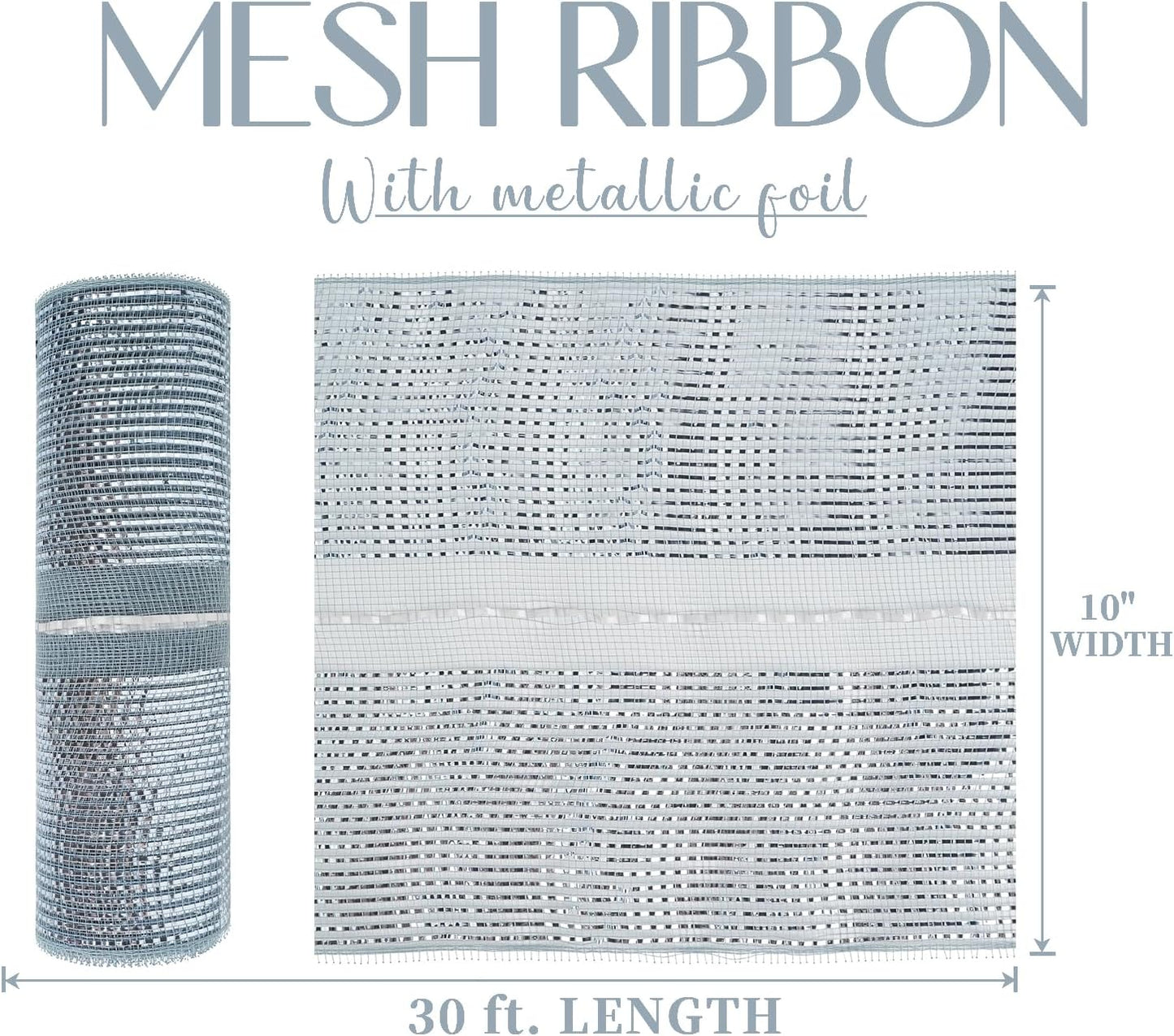 MEEDEE Silver Deco Mesh 10 Inch Deluxe Wide Foil Metallic Pull Up Decorative Ribbon for Christmas Tree, Wreaths, Garland, Gift Wrapping, Bows Making (30 Feet)