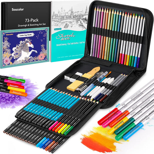 Soucolor 73 Pack Art Supplies Sketching Kit for Adults Kids Teen Gifts, Christmas Gifts, Drawing Sketching Pencils with Sketchbook, Coloring Book, Colored Watercolor Metallic Graphite Charcoal Pencils