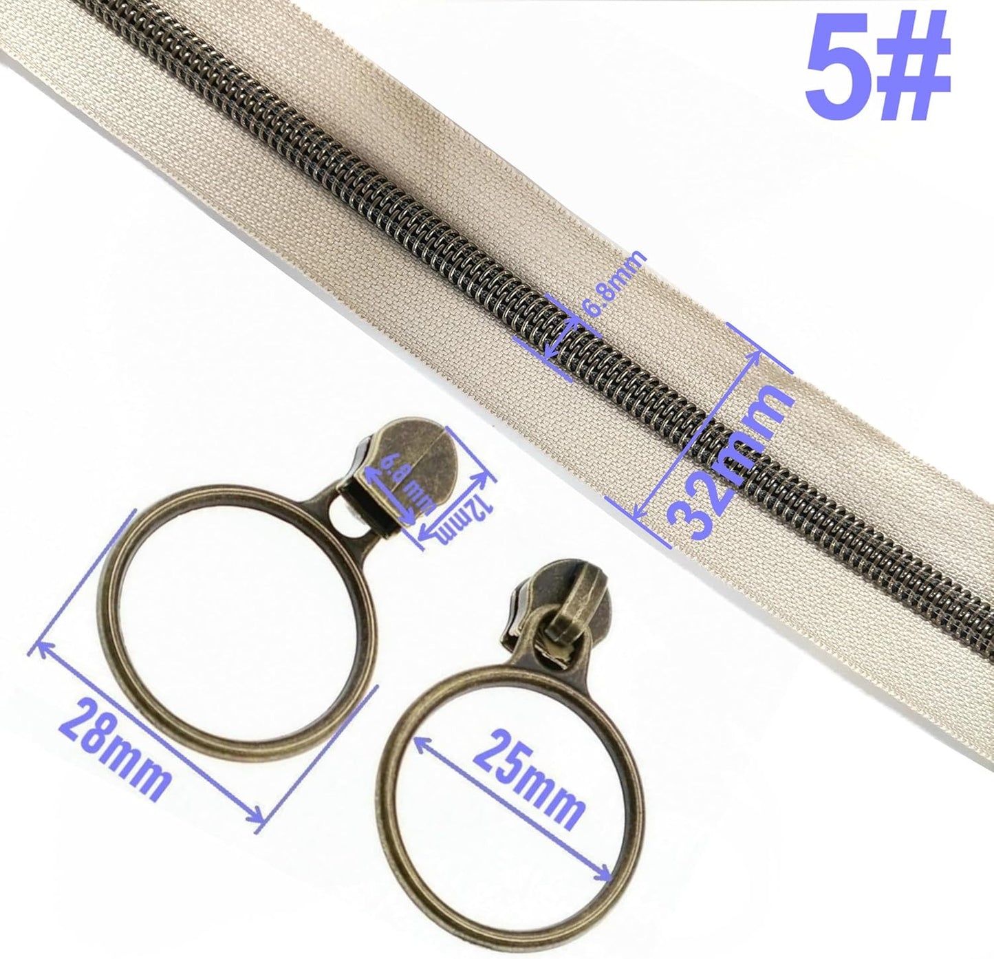 Leekayer #5 Antique Brass Metallic Nylon Coil Zippers by The Yard Bulk 10 Yards Beige Zipper Tape with 25pcs Antique Brass Ring Pull Sliders for DIY Sewing Tailor Craft Bag(Beige)