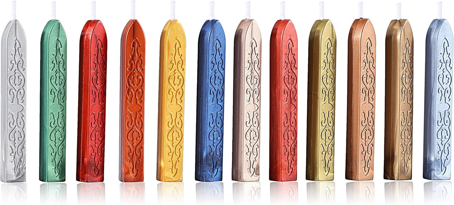 Yoption 12 Pcs Sealing Wax Sticks with Wicks, Antique Metallic Mixed Colors Totem Fire Manuscript Sealing Wax for Wax Seal Stamp (12 Colors B)
