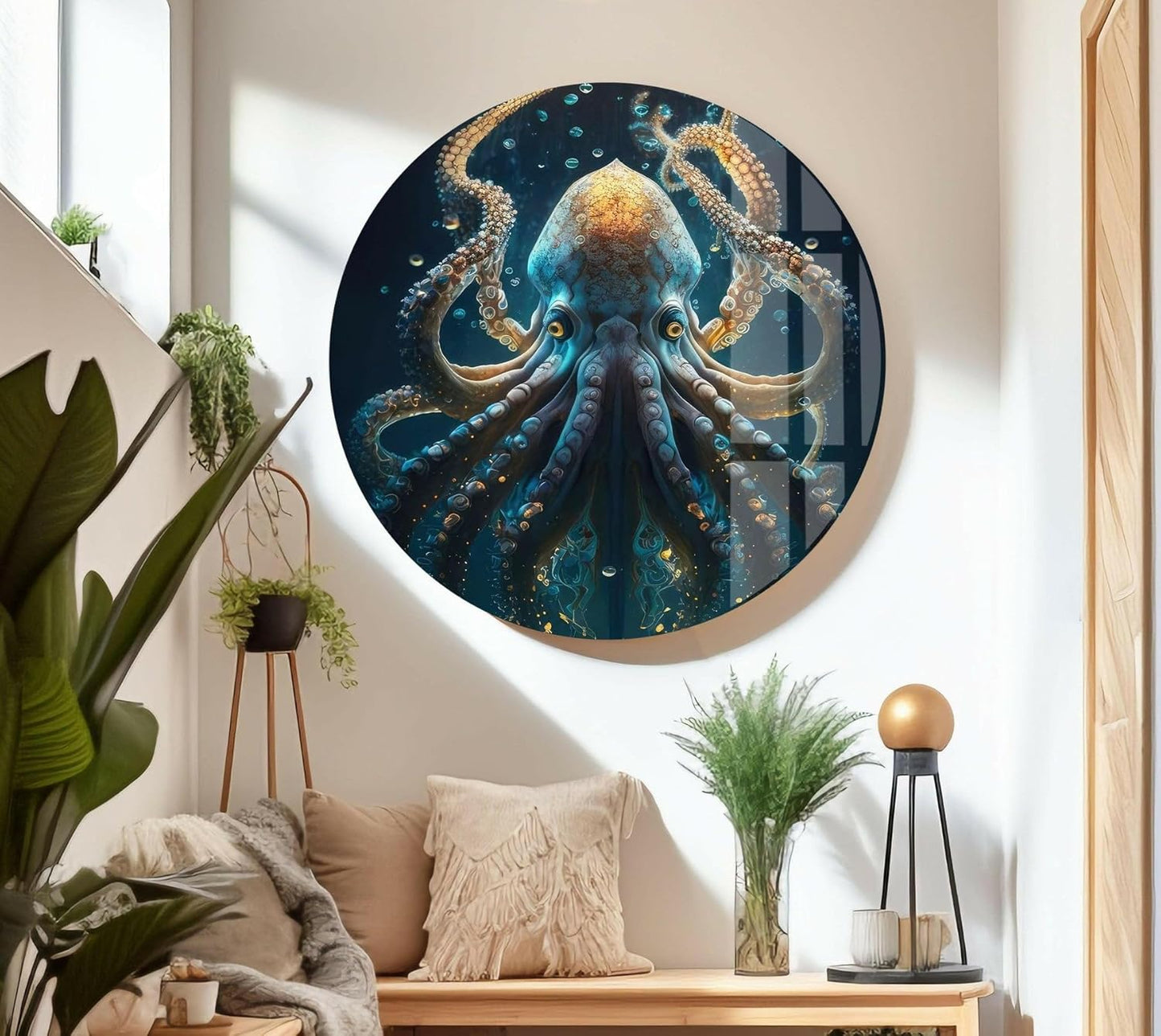 My Photostation.com 27Wx43H'' Underwater Blue Octopus Glass Wall Art Tempered Glass Printing Wall Decor Large Wall Art Wall Hangings