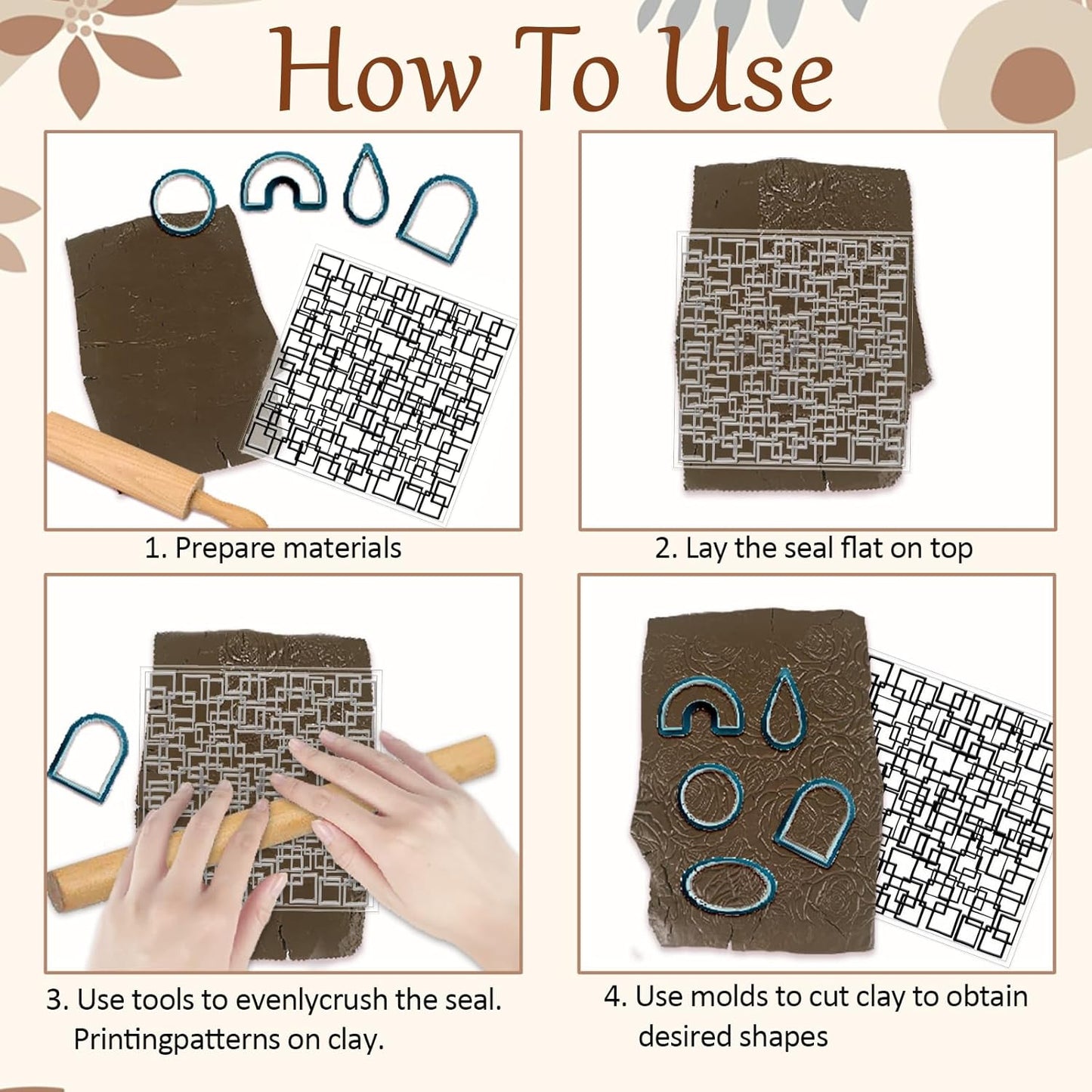 CHGCRAFT 4 Pcs Graffiti Grid Polymer Clay Texture Sheets Abstract Squares Silicone Texture Stamp Seamless Pattern Modeling Pattern Pad Sheets for Jewelry and Earrings Tools, 5.5x5.5 inch