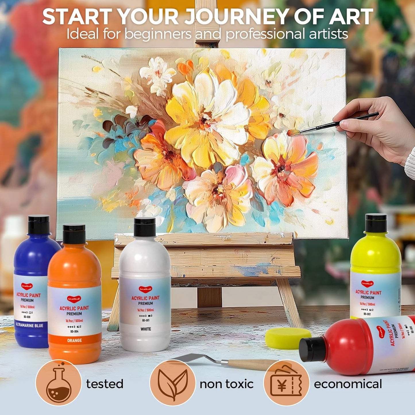 15 Colors Large Acrylic Paint Set (16.9 oz,500 ml), Bulk Acrylic Paint Non-Toxic Art Painting Supplies on Multi Surface Pumpkin Canvas Wood Craft Fabric Rock for Artist Kids with Color Wheel