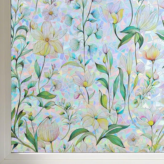 FINNEZ Window Privacy Film Stain Glass Film Flowers Rainbow Window Film Window Clings Non-Adhesive Reusable Decorative for Home（Forest Rainbow，35.4 Inch x 13.1 Feet）