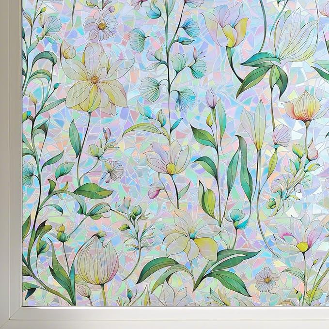 FINNEZ Window Privacy Film Stain Glass Film Flowers Rainbow Window Film Window Clings Non-Adhesive Reusable Decorative for Home（Forest Rainbow，17.5 Inch x 13.1 Feet）