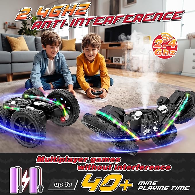 RC Cars Toys, 2-in-1 Remote Control Car Transform 4WD with Spray & LED Lights, 2.4GHz Off-Road Stunt Truck for 360° Flips Gift for Boys Age 8-12 (Black)
