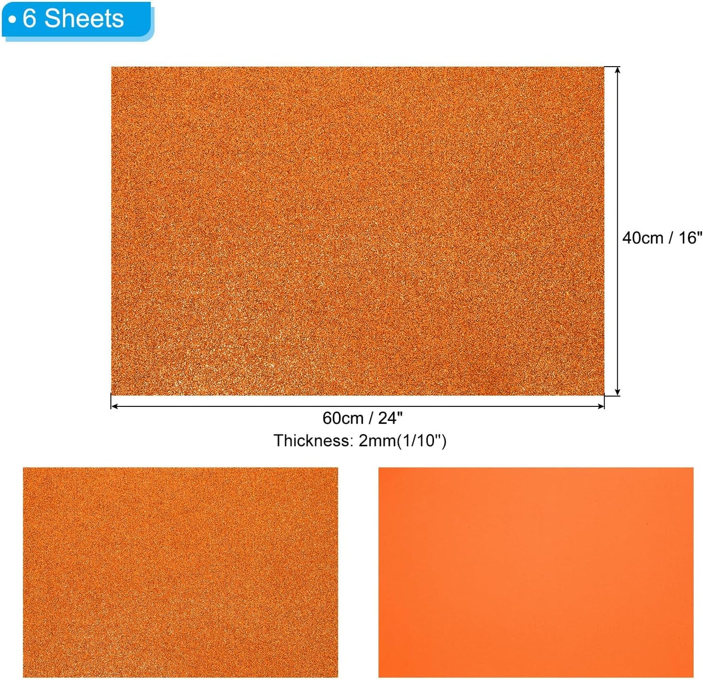 PATIKIL 2mm(1/10") Thick Non Adhesive Glitter Foam Sheet 16x24inch(40x60cm) Orange, EVA Shiny Foam Board for Craft, 6 Pcs