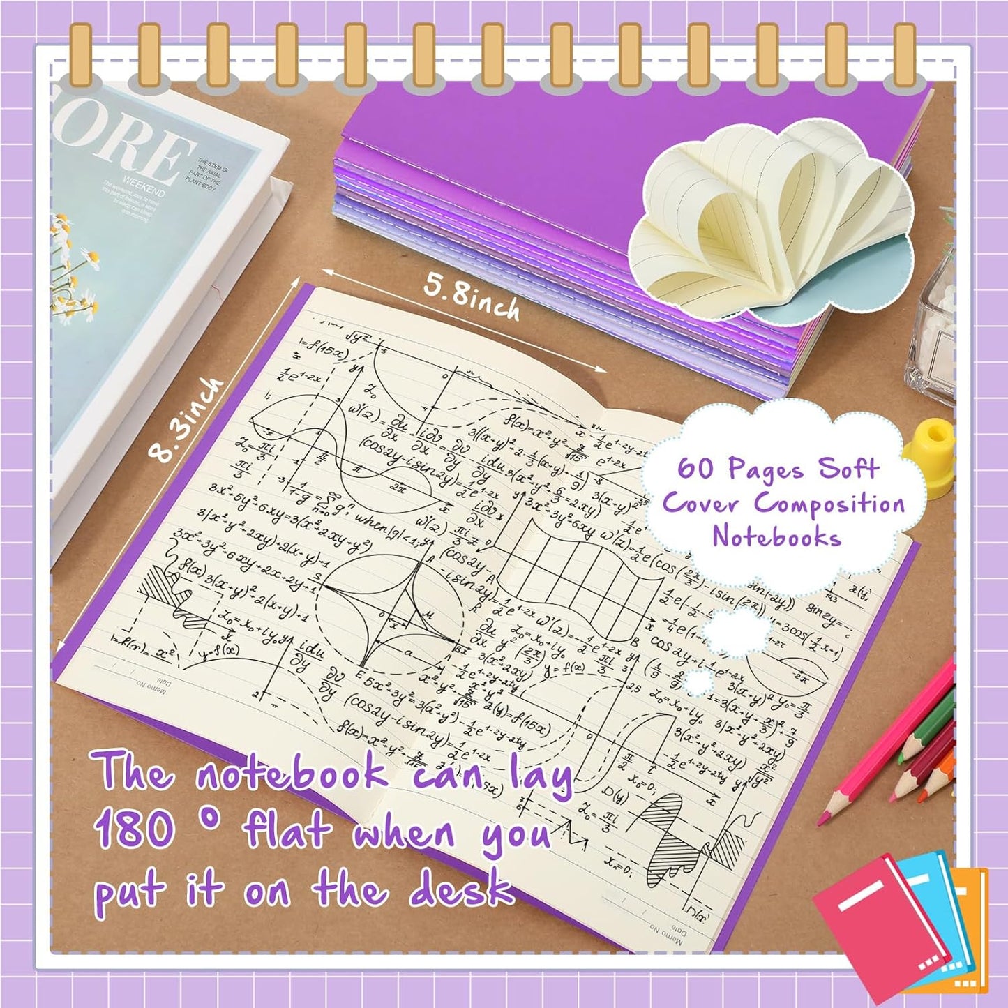 Handepo 100 Pack Composition Notebooks A5/A6 Ruled Lined Composition Kraft Notebooks Bulk Soft Cover Journals Travel Diary Memo for Students Classroom Office Supplies(A5,Purple)