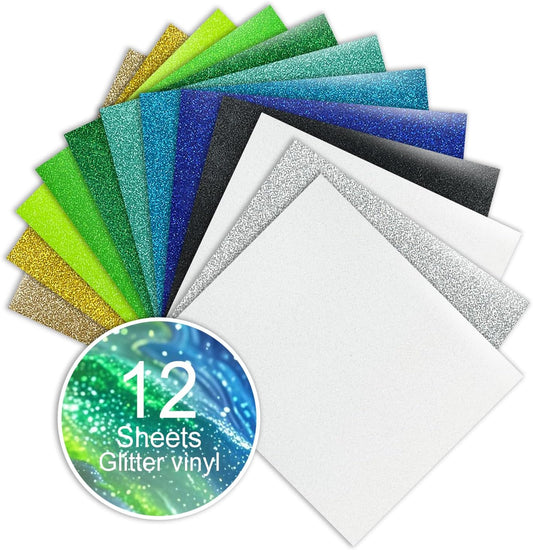 Glitter HTV Sparkly Heat Transfer Vinyl Bundle – 12 Assorted Colors 12"x10" Iron-On Vinyl Sheets for T-Shirts & DIY Crafts – Easy to Cut & Weed, No-Flake & Washable, Works with All Cutting Machines