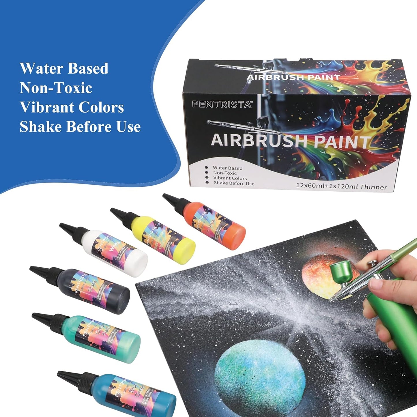 PENTRISTA 36-Color Airbrush Paint Set (60 ml/2.03 oz)with 3 Thinner - Flash Neon & Metallic Air Brush Paints,Lightfast & Water-Resistant Finish Acrylic Airbrush for Beginners,Artists for Models Nails