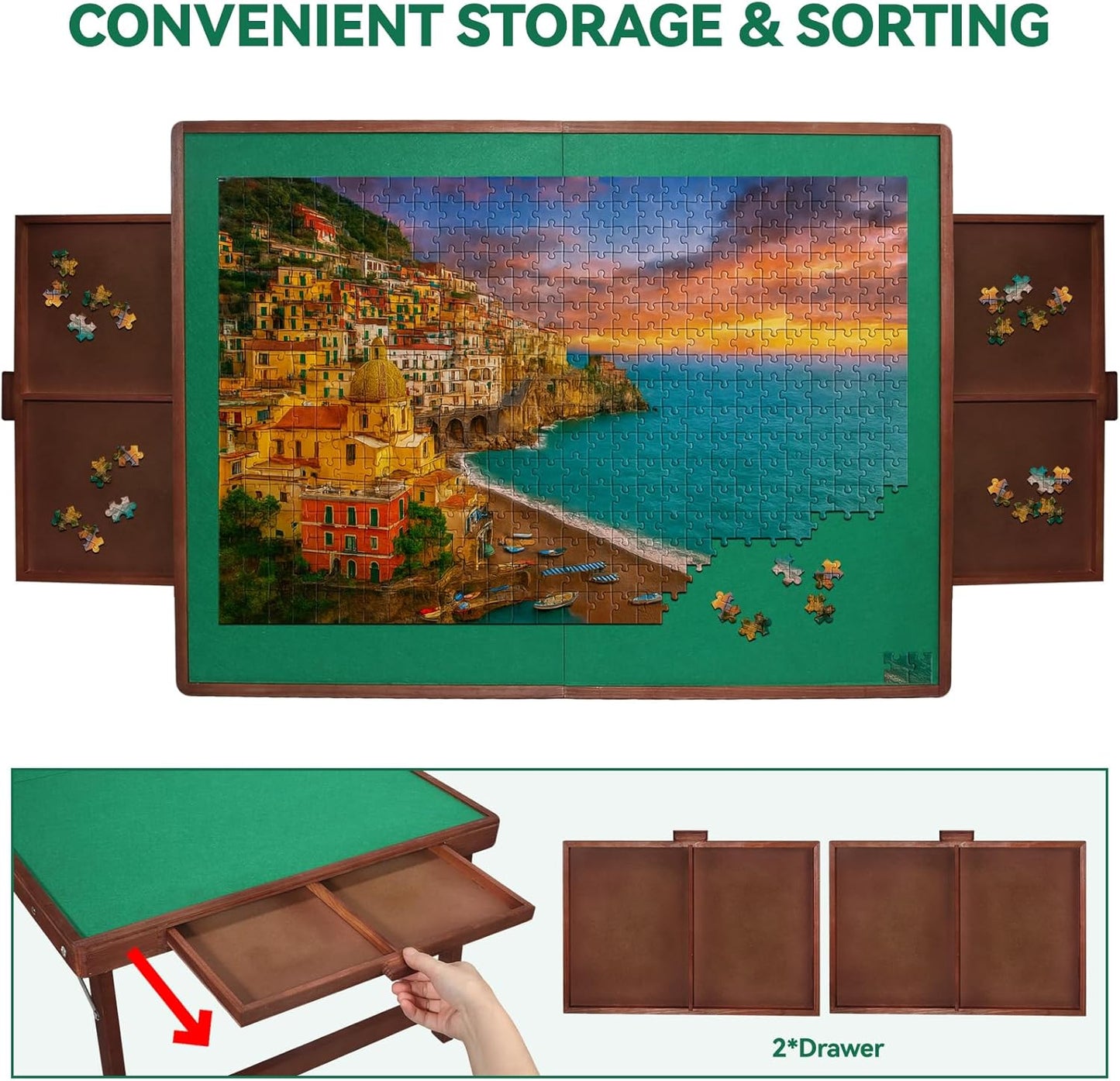 1500 Piece Puzzle Table with Legs, 35" x 26" Wooden Jigsaw Puzzle Board with Drawers, Cover & Felt, Portable Puzzle Table with Folding Legs for Adults and Teens, Christmas Birthday Gift