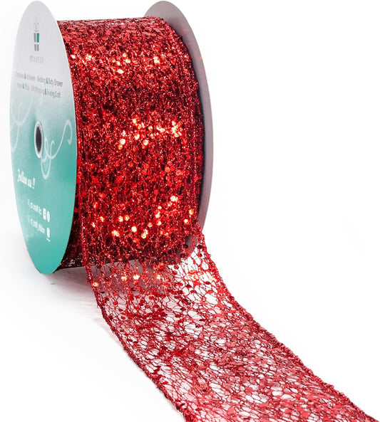 CT CRAFT LLC Sparkling Glitter Mesh Wired Ribbon 2.5" x 20 Yards Red for Christmas Home Decor Bow Gift Wrapping DIY Crafts Wreath