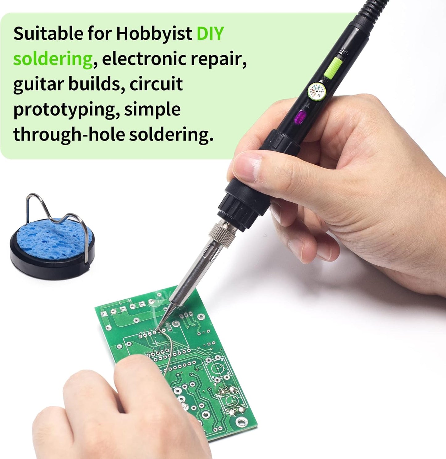 YIHUA 947-III 60W Soldering Iron Kit Temperature Adjustable 428-896°F 2-IN-1 Soldering Kit with Simple Soldering Iron Stand and Cleaning Sponge 110V US Power Plug