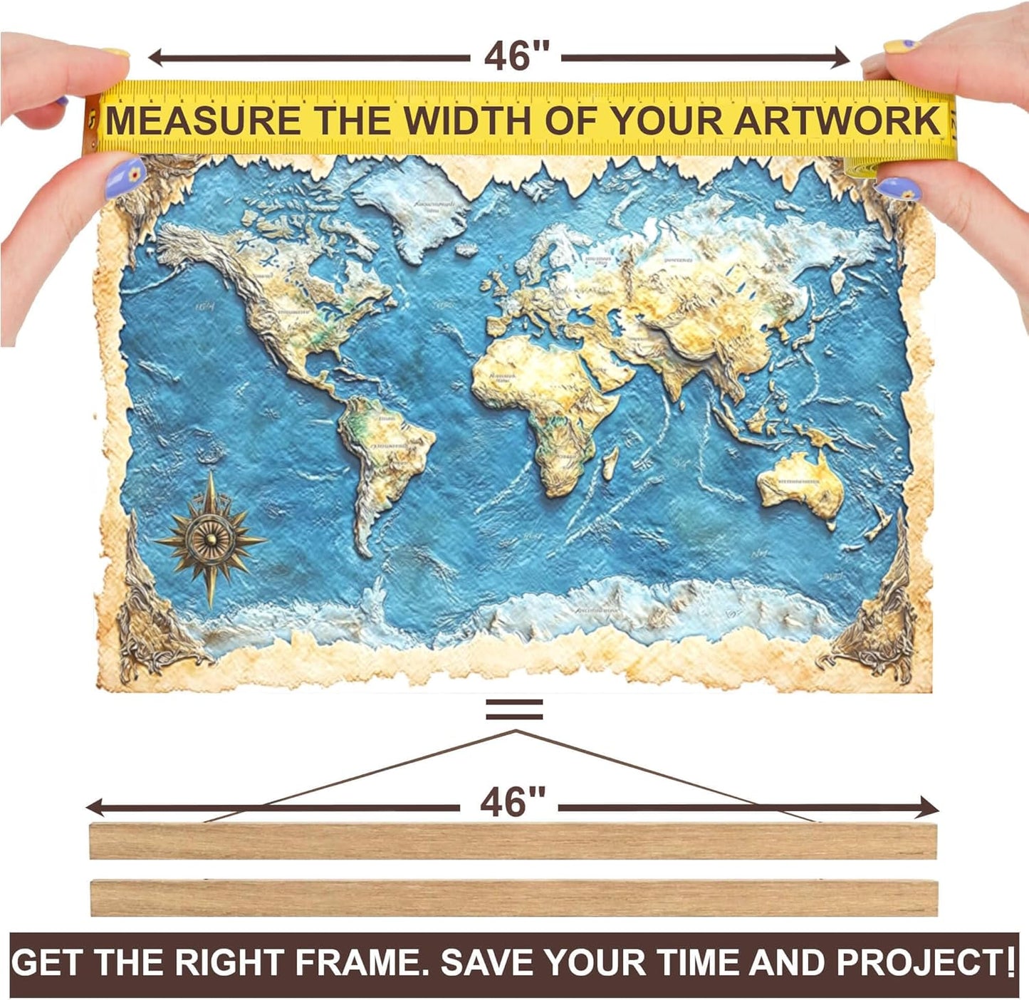 DACRI HOME 46" Magnetic Poster Hanger Frame - Sturdy Teak Wood Poster Frame, Strong Magnets for Easy Hanging Map Picture Canvas Print Scroll Wall Art (46 Inch, Natural Wood)