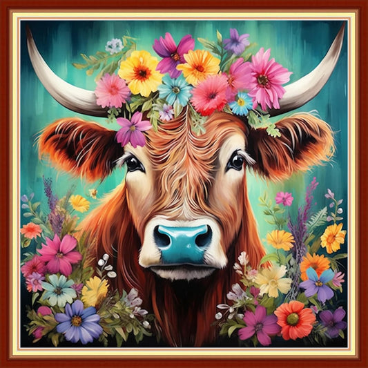 Foxhool Beginners Cross Stitch Kits Stamped Full Range of Embroidery Kits for Adults DIY Cross Stitches kit Embroidery Patterns for Needlepoint kit-Flower Cattle 18x18 inch