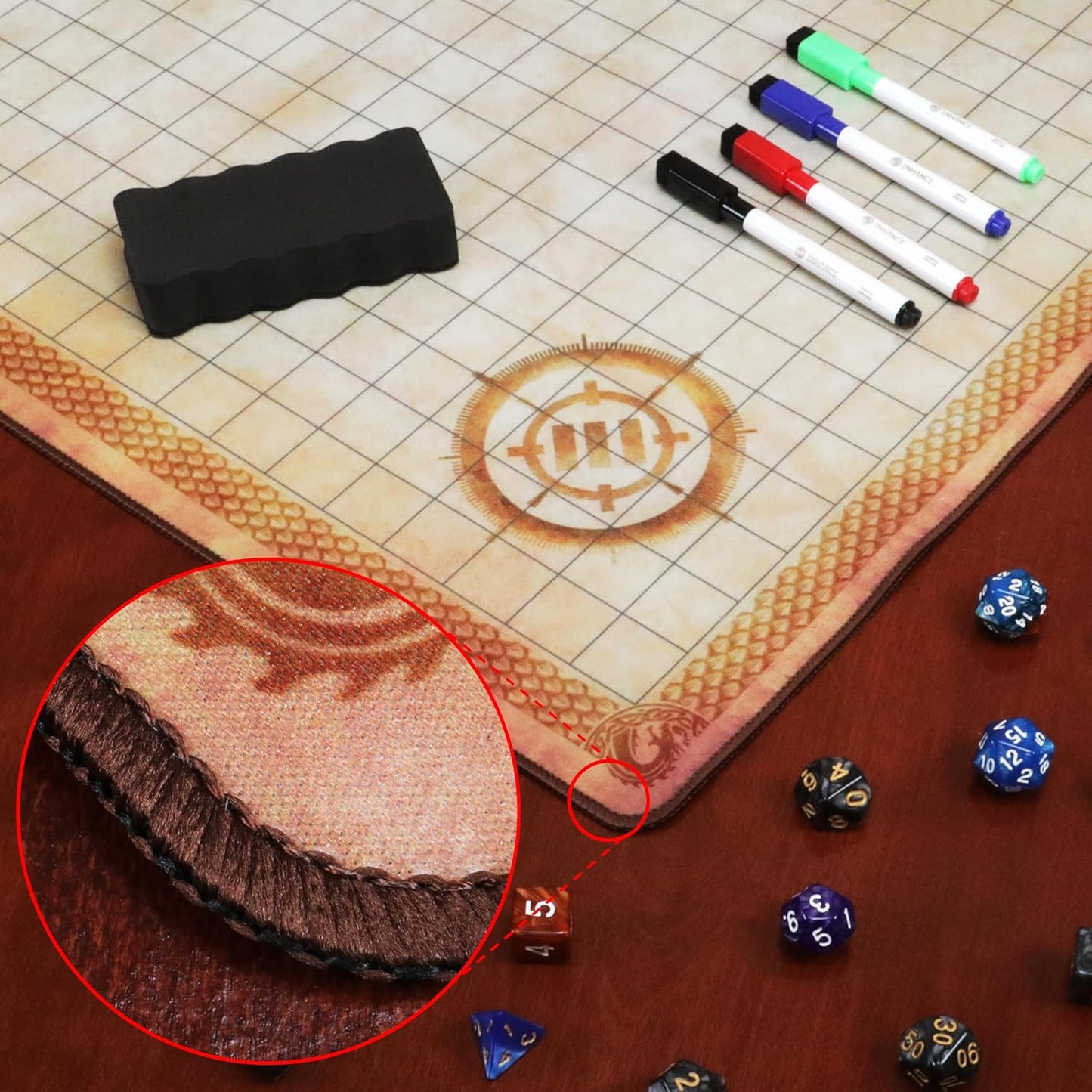 ENHANCE Deluxe RPG Grid Mat - DND Map (24x36in) with Premium Rubber, Non-Slip Grip, No Creasing - Dry Erase DND Mat Set for Masters and Starters, Erasable Parchment with Travel Pouch, Marker Set