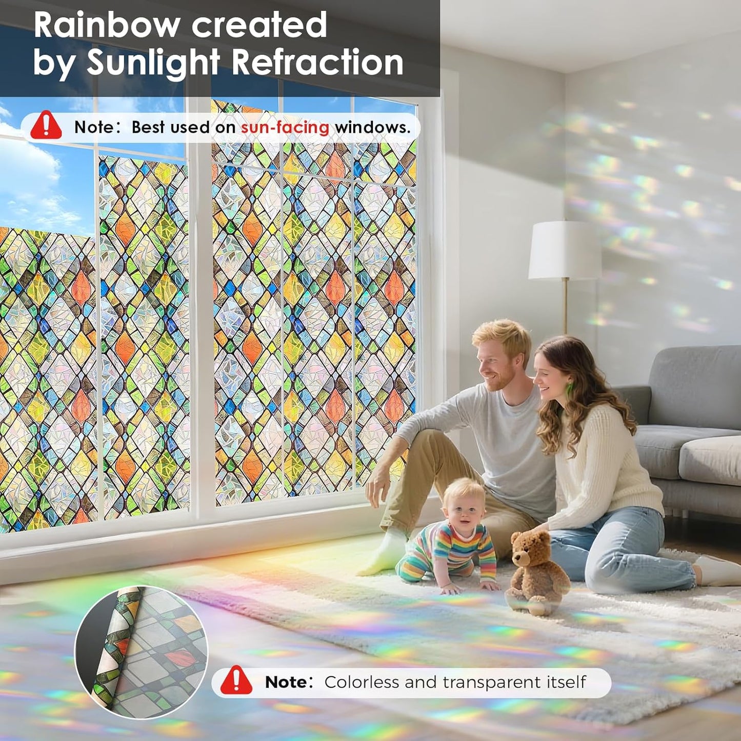 Window Privacy Film Rainbow Film Stained Glass 3D Static Cling Decorative Window Sticker for Bathroom,Front Door,Home Heat Control UV Blocking Non Adhesive,Diamond Grid 17.5 x 78.7 inches