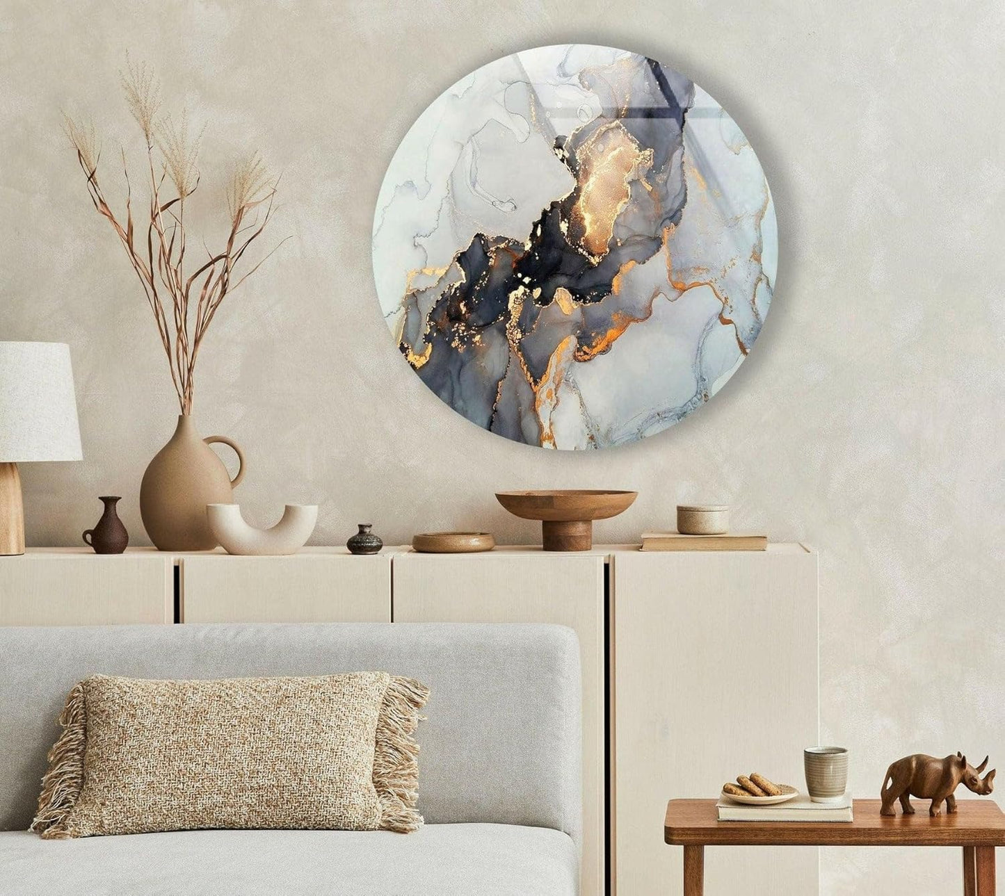 My Photostation.com 27.5''(70cm) Diameter Gold Details Gray Marble Round Glass Wall Art Tempered Glass Printing Wall Decor Large Wall Art Wall Hangings