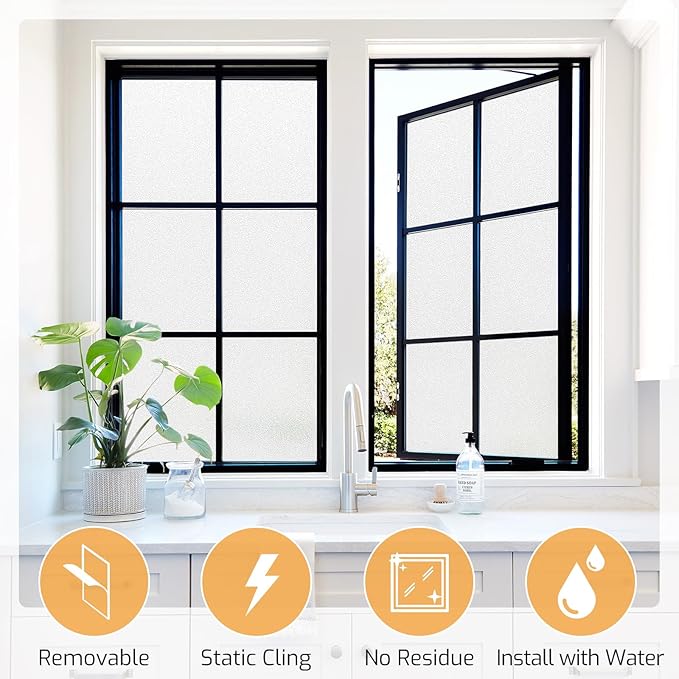 LUTE Window Privacy Film, Frosted Glass Window Film, Static Cling Heat Control Frosting Glass Sticker Removable, Non-Adhesive Opaque Covering for Bathroom Home Office Door (White, 23.6" x 78.7")