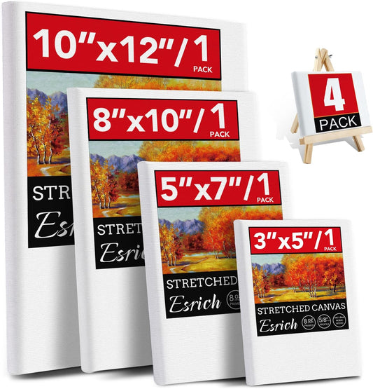 4 Packs Stretched Canvases for Painting with 3x5in,5x7in,8x10in,10x12in, Primed Canvas,Blank Painting Canvas for Oil & Acrylic Paint.