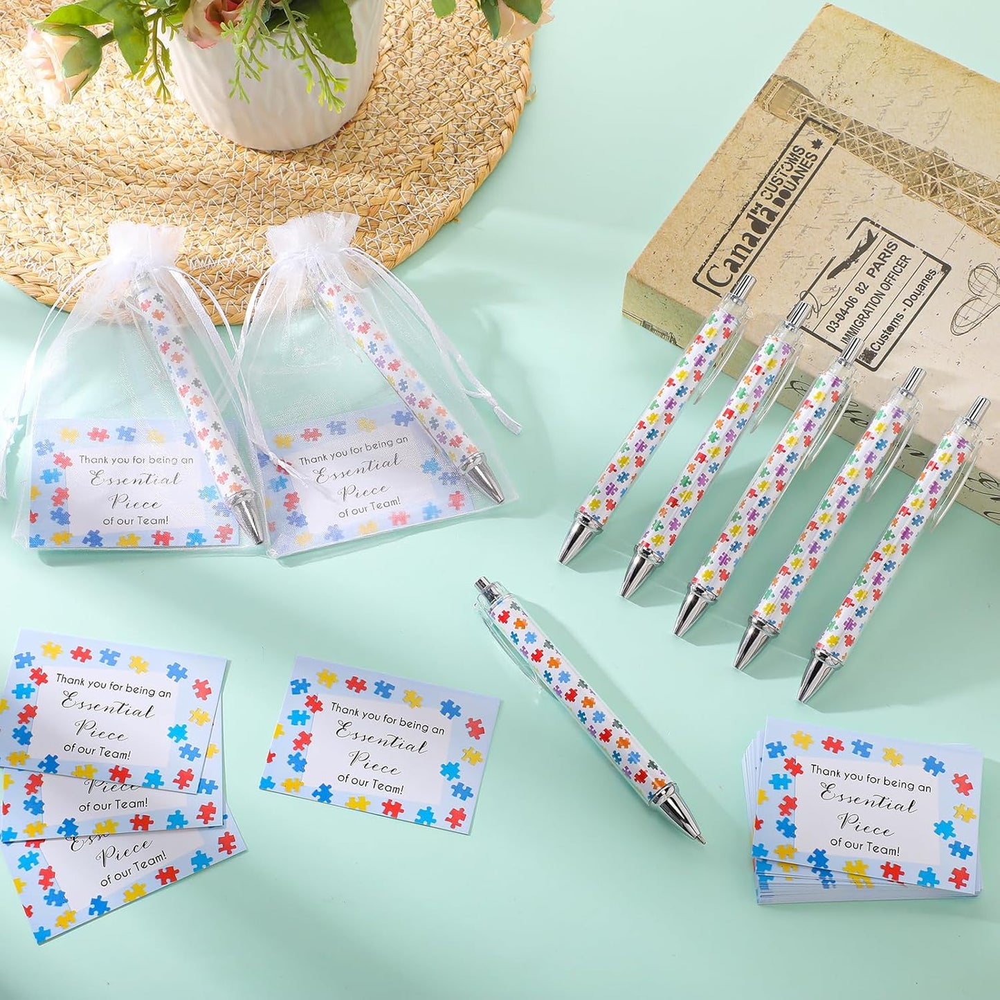 35 Sets Team Gifts 35 Puzzle Pens Bulk Retractable Ballpoint Pen 35 Thank You Cards and Organza Bags Appreciation Gifts for Coworker Employee Team Staff Teacher Nurse Student