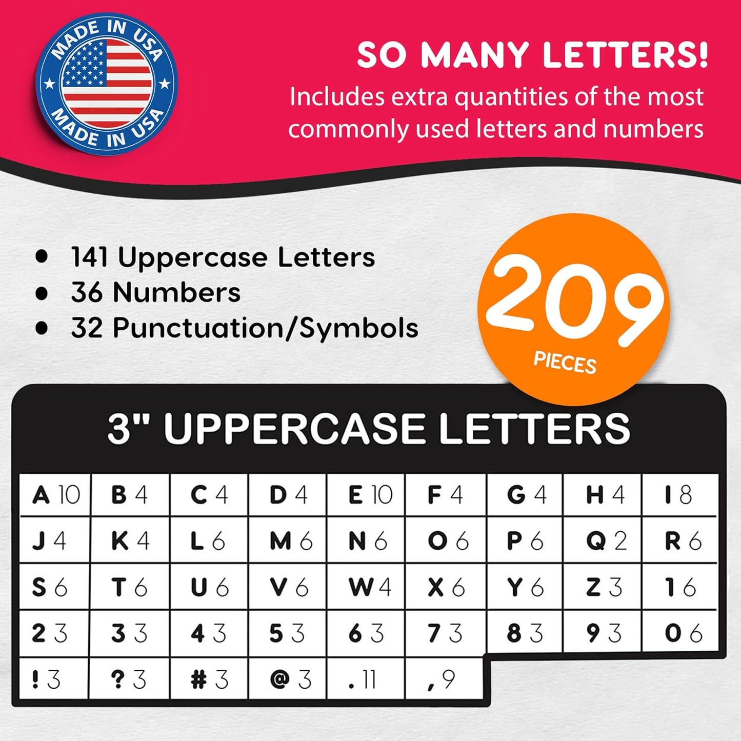 209 Pcs 3" Red Bulletin Board Letters & Numbers, Capital Letters, Numbers, Punctuation, US Made Card Stock Punch Out Letters for Poster, Bulletin Board, Classroom - Precut Letters & Numbers