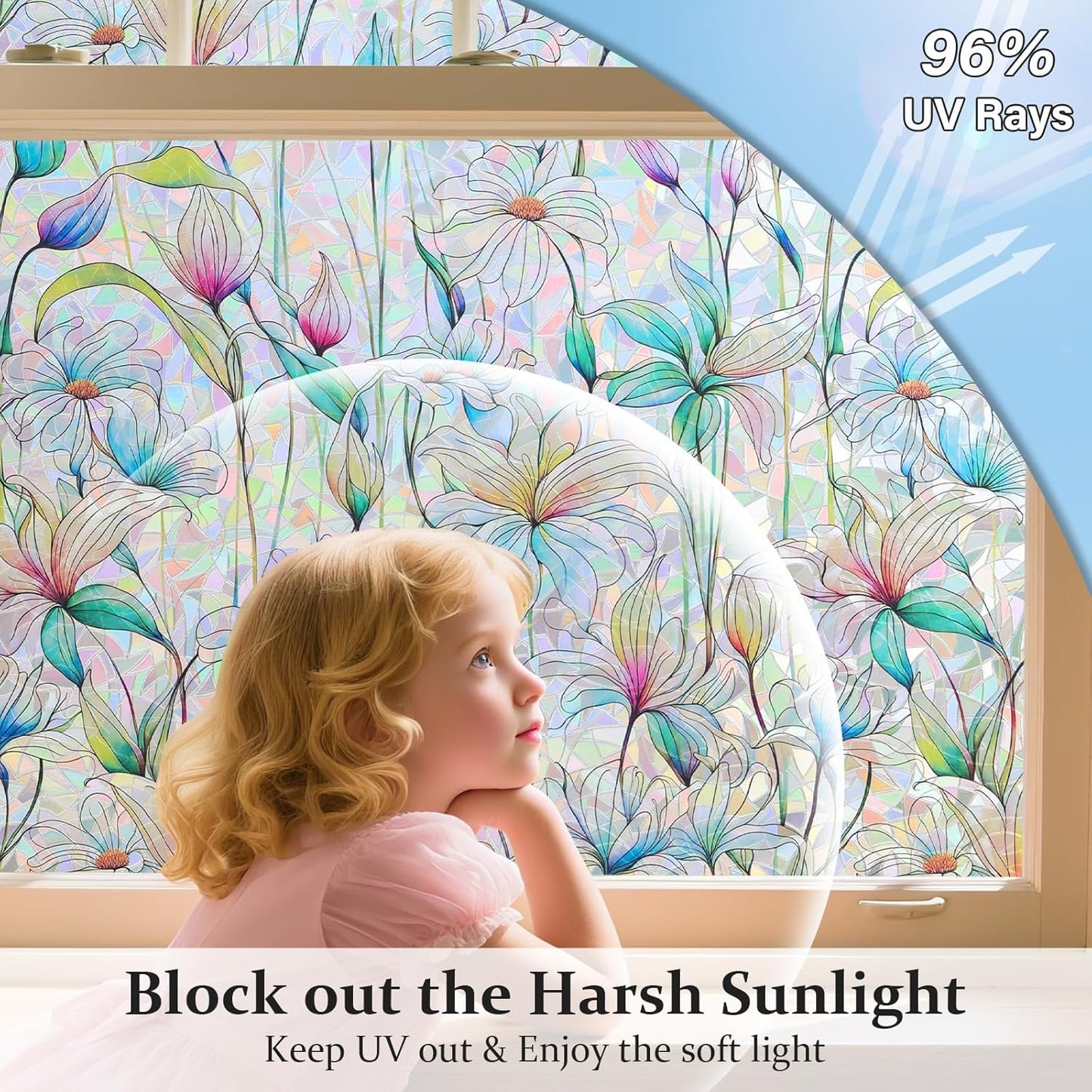 Donox Decorative Window Privacy Film, 3D Floral Stained Glass Window Film Static Cling Rainbow Privacy Sticker for Glass Door Heat Control Anti UV, No Adhesive (Magnolia,17.5 x 78.7 inches)