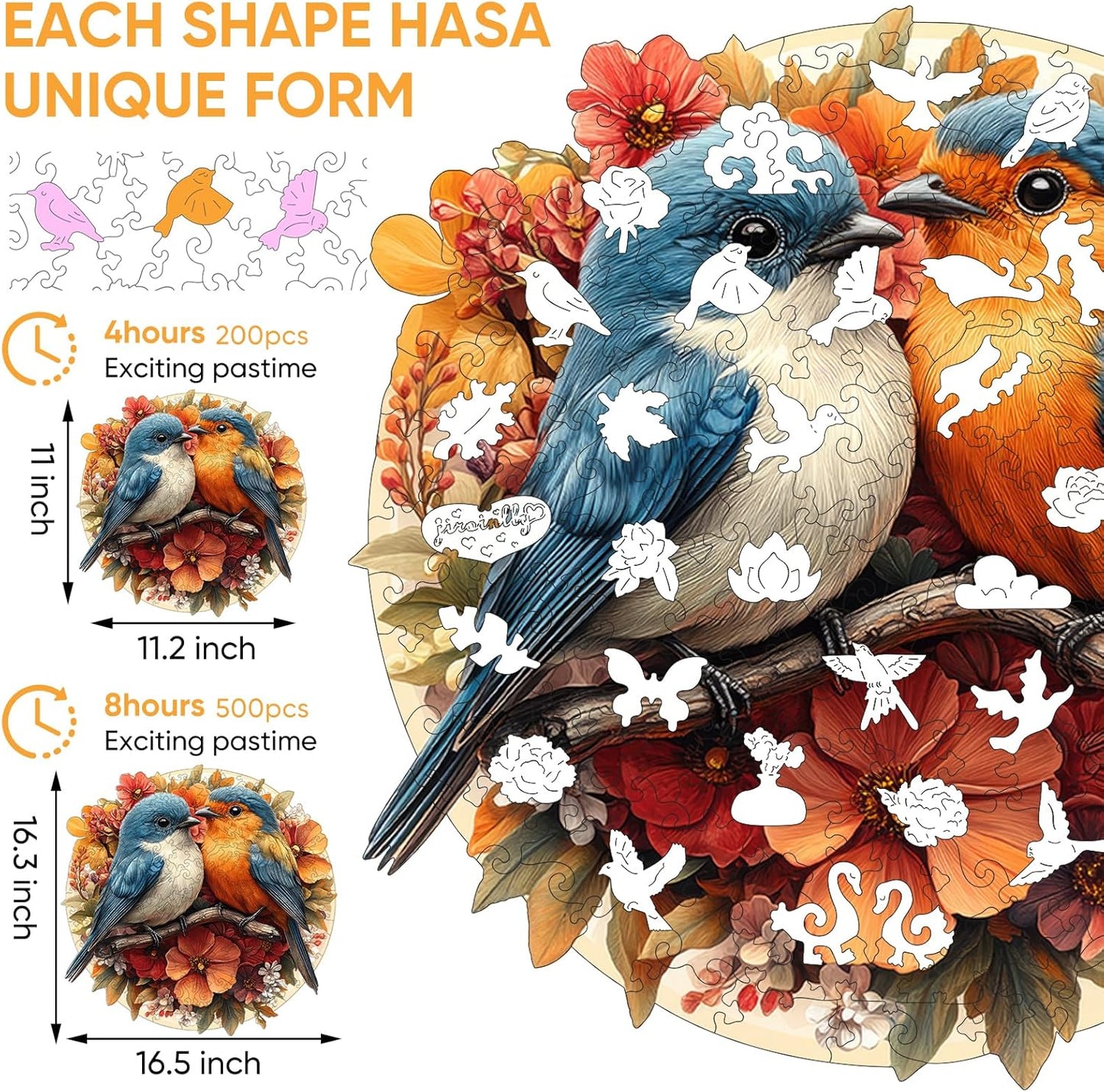 Wooden Puzzle for Adults, Twin Birds Jigsaw Puzzles 500 Piece, Unique Shapes Family Reunion Puzzle for Adults, Beautiful Package, Best Gift for Family Friends Medium 11.4x11in