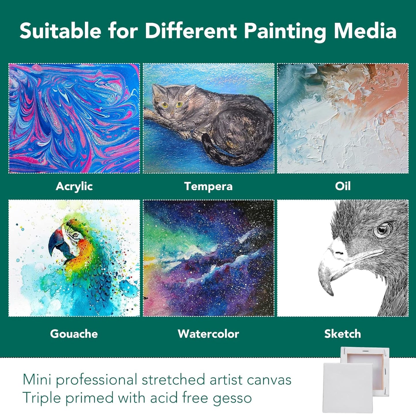 ESRICH Mini Stretched Canvas 16Pack 3x3inch, 2/5Inch Profile Art Primed Canvases for Painting, Cotton Small Professional Stretched Canvas for Kids and Art Supplies.