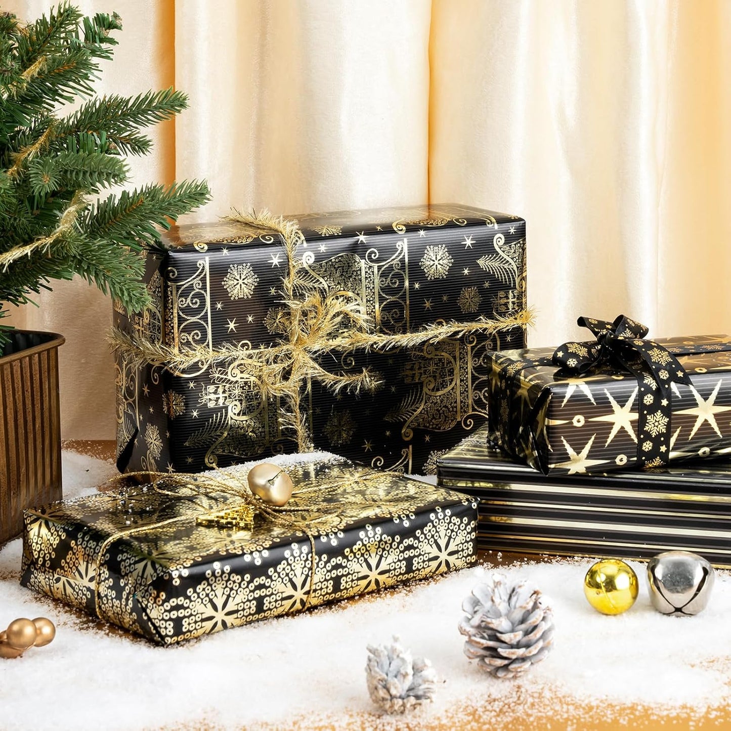 WRAPAHOLIC 30 Inch Christmas Wrapping Paper Roll - Jumbo Roll Black Gold Christmas Sleigh Holiday Design with Metallic Foil Shine - 4 Rolls - 30 Inch x 120 Inch Per Roll