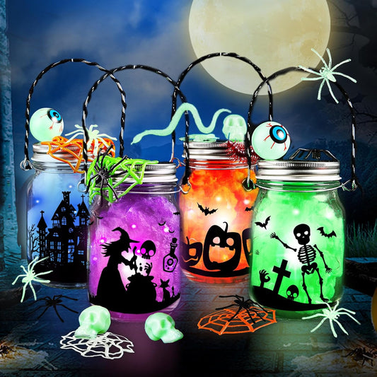 Halloween Craft Kit for Kids, 4 pcs Glass Mason Jar with Accessories for DIY Lantern Jar, Halloween Art & Craft Party Supplies for Classroom,Art and Craft Party Supplies for Kids