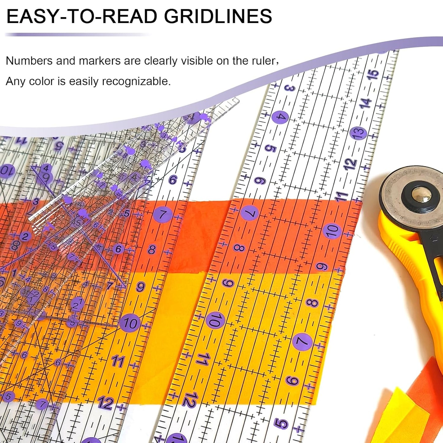Quilting Ruler, Sewing Ruler, 8 Pack, Acrylic Quilting Templates(6"x17", 3"x17", 2"x16", 1.5"x12", 1"x12", 1"x6", 8"x3"), Non Slip Rings 25 Pieces, Sewing and Quilting Supplies - Clear/Purple