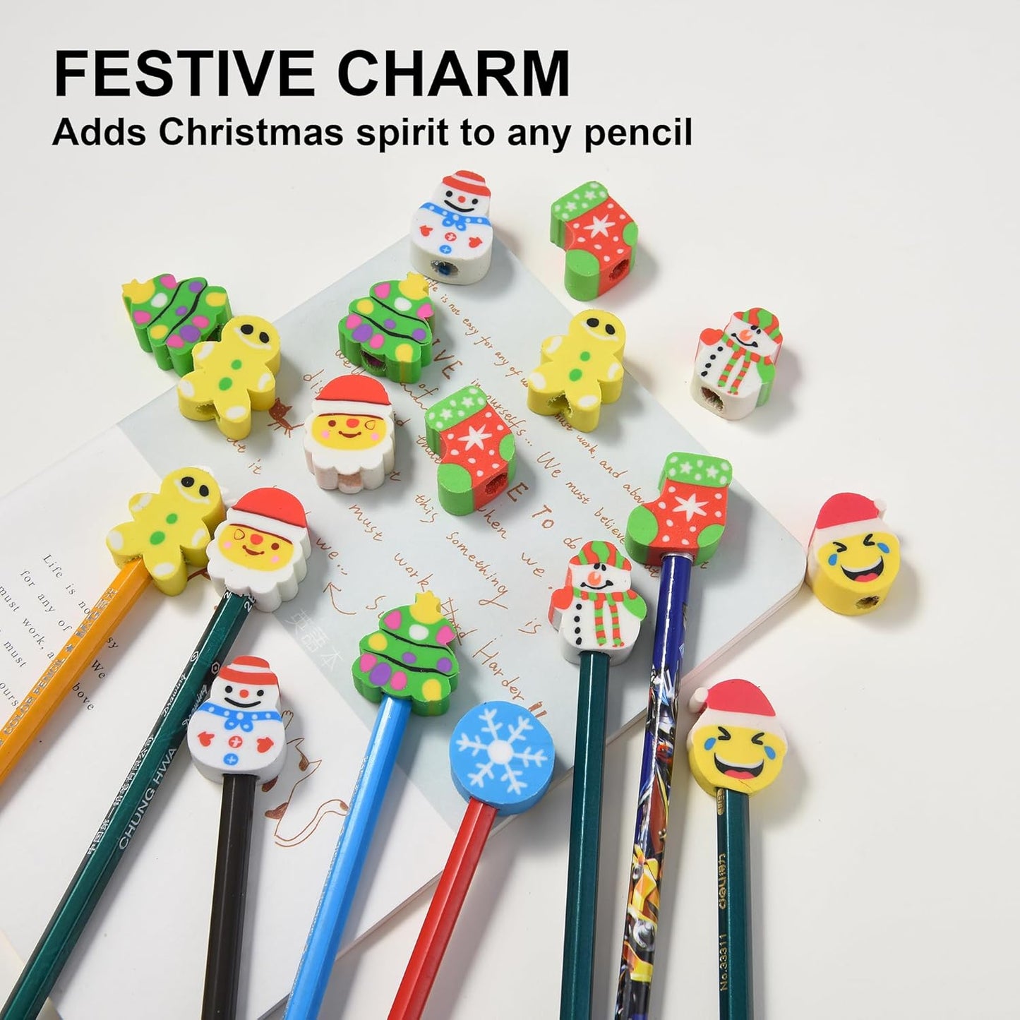 HILAZA 42Pcs Christmas Pencil Top Erasers for Kids Bulk, Cute Eraser Toppers Pencil Cap Erasers for Stocking Stuffers Goodie Bags Stuffers Holiday Party Favors