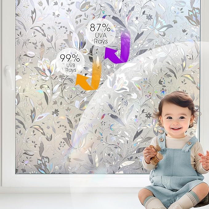 HIDBEA Window Privacy Film, 3D Stained Glass Static Cling - Sun Blocking Anti-UV Heat Control, Reusable Decorative Film for Home/Office Doors, Rainbow Tulip Design (35.4 in x 78.7 in)