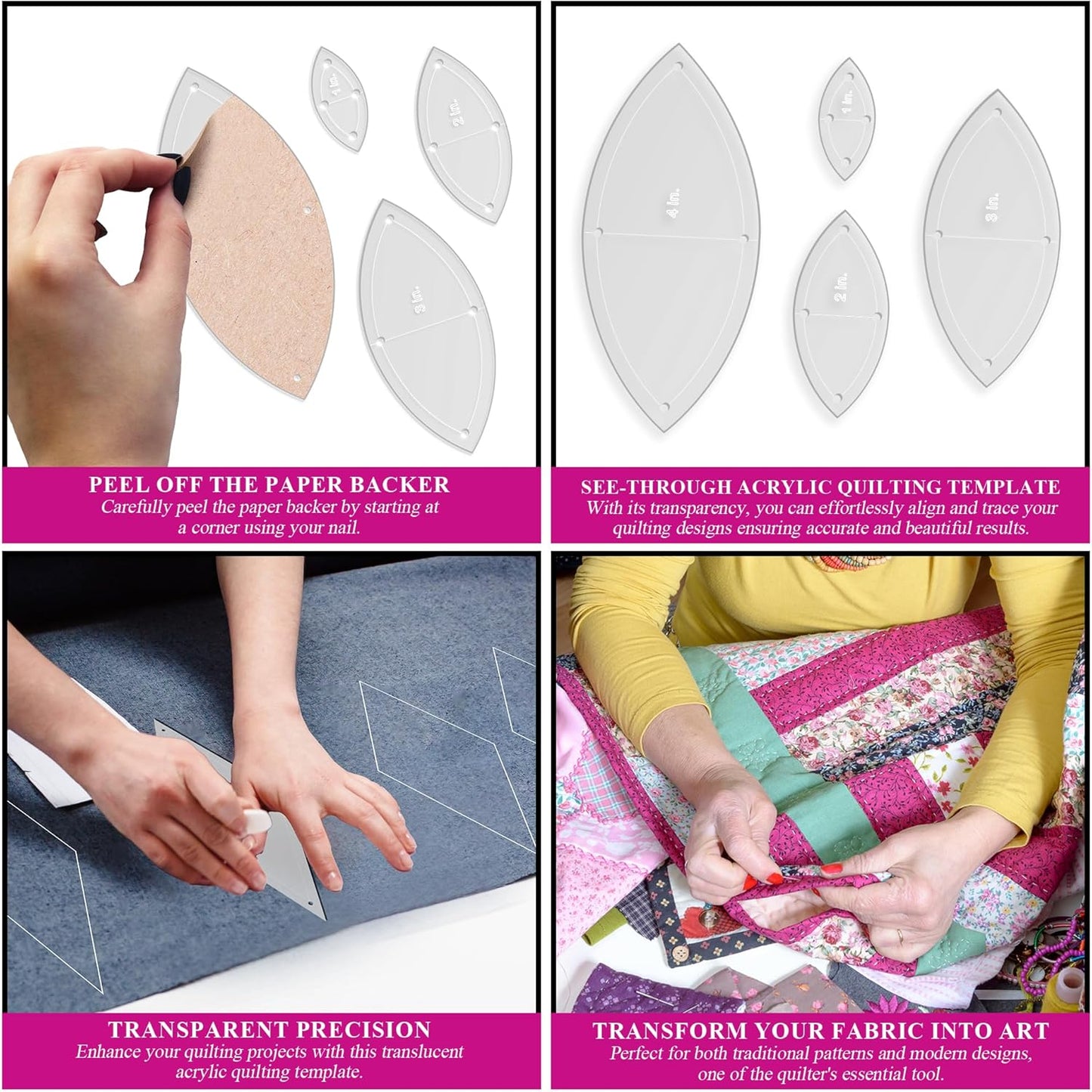 Orange Peel Leaf Quilting Template Set | Essential Quilting Supplies for Leaf-Shaped Designs | Includes Sizes 4", 3", 2", 1" | 1/8 Clear Acrylic | Features 1/4" Seam Allowance