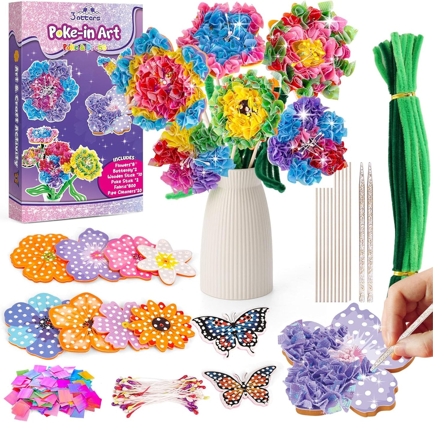 3 otters Poke in Art, Fabric Flower Bouquets Toys Arts and Crafts for Girls Ages 4-12 DIY Creative Activities Birthday Craft Gifts