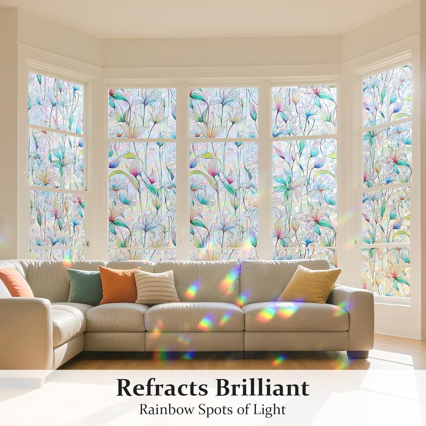 Donox Decorative Window Privacy Film, 3D Floral Stained Glass Window Film Static Cling Rainbow Privacy Sticker for Glass Door Heat Control Anti UV, No Adhesive (Magnolia,23.6 x 157.4 inches)