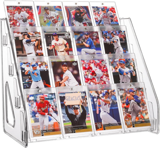 Elevated 4 Tier Clear Acrylic Card Display Stand for Trading Cards, Sports Cards, Greeting Cards, Stickers – Slanted Holder for PSA Slabs, Vendors, Collectors & Retail (4 Tier 1 Pack)