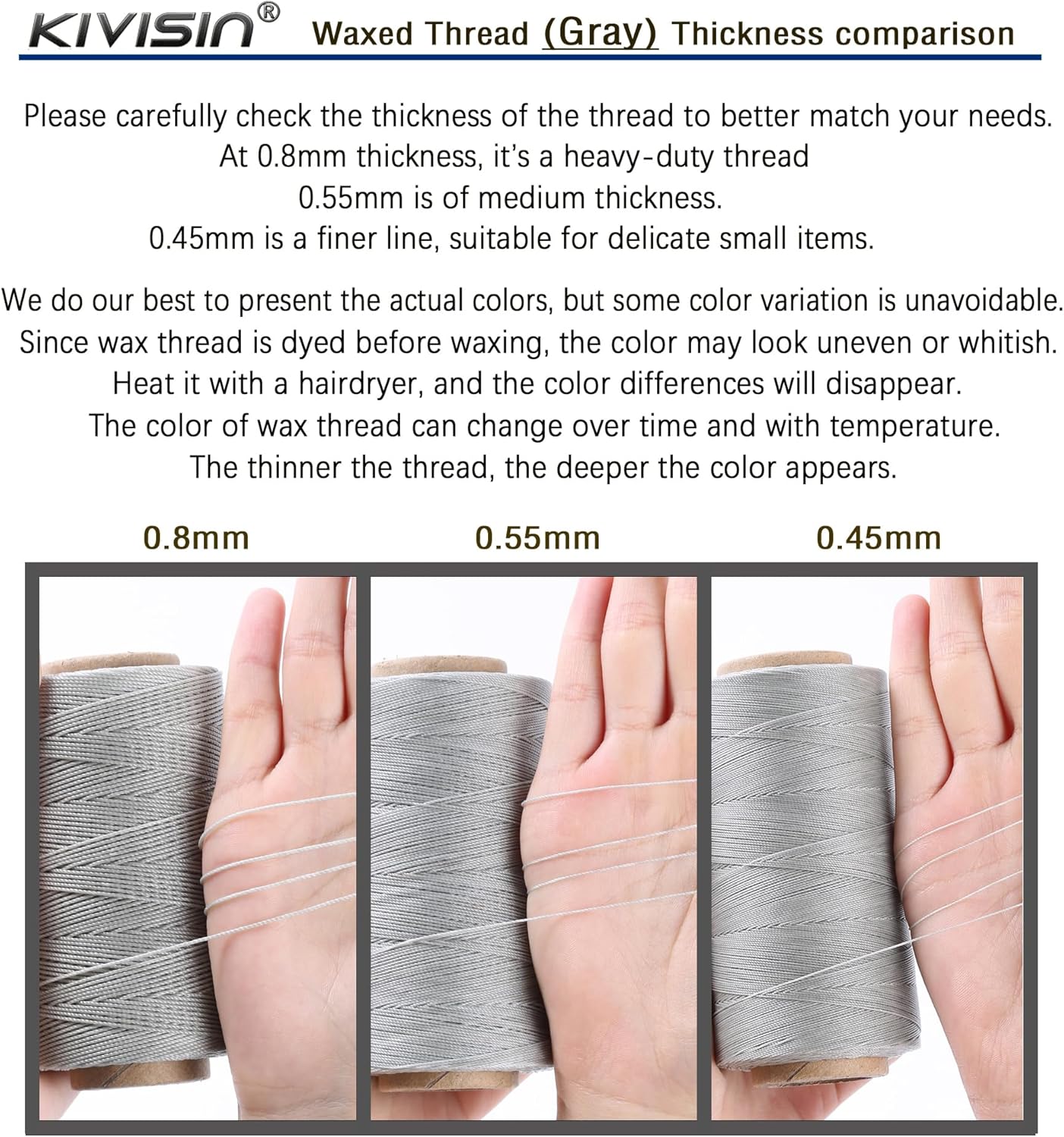 Sturdy Bonded Waxed Polyester Thread, 0.55mm, 437 Yards Wax String Cord - Gray for Leather, Hand Sewing, Stitching, Bookbinding, Beading, Bracelets and Macrame Jewelry Making