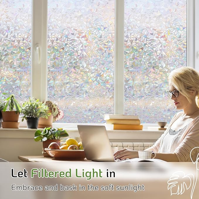 LUTE Window Privacy Film, Rainbow Window Film, 3D Decorative Stained Glass Cling, Non-Adhesive Vinyl Static Cling Removable Glass Stickers, Sun UV Blocking Decal Covering for Home, 35.4 x 157.4 inches