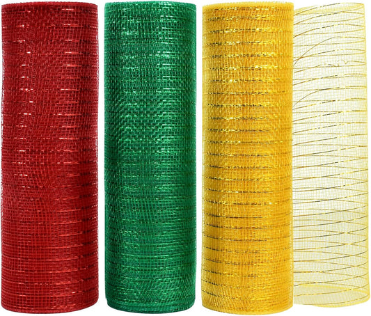 TONIFUL 3 Roll 10 Inch Red Gold and Green Decorative Mesh Ribbon Rolls, Fabric Mesh with Foil for Wreaths Front Door Decor Christmas Festival Party Accessories Party Decoration Supplies (10yds/roll